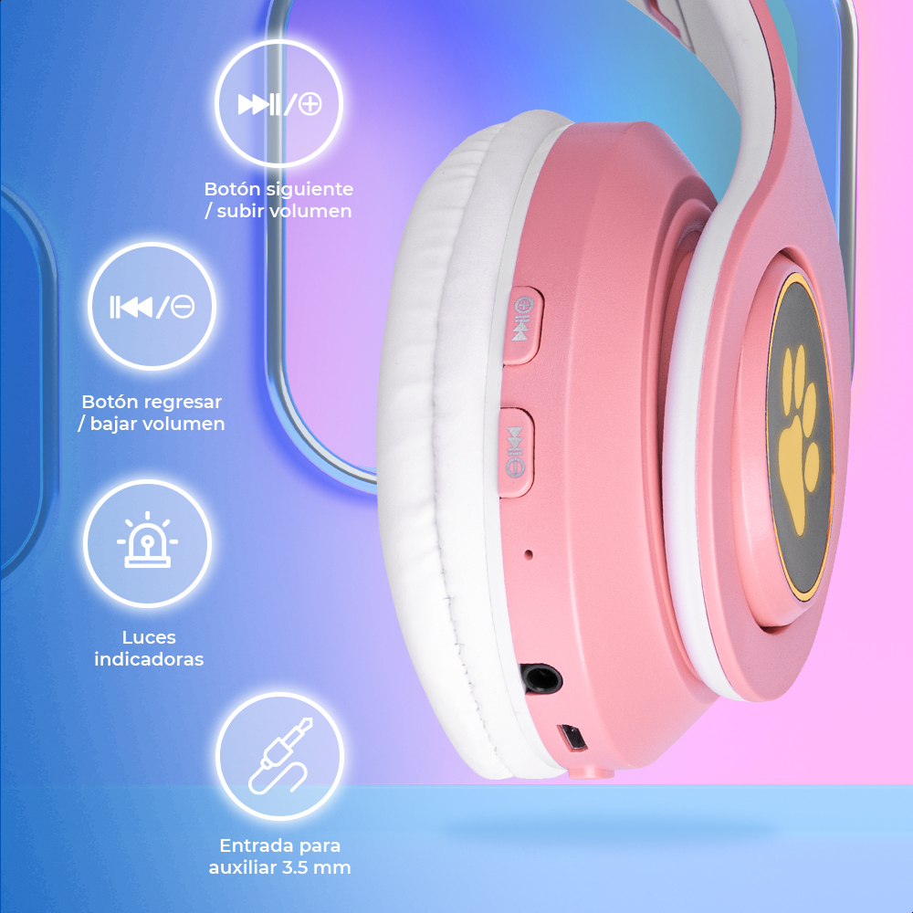 Audífonos Rosas Bluetooth V5.0 Orejas De Gato Sonido Estéreo Con Luz RGB Diseño Kawaii Ajuste De Cabeza Fácil Guardado