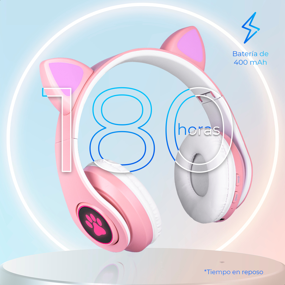 Audífonos Rosas Bluetooth V5.0 Orejas De Gato Sonido Estéreo Con Luz RGB Diseño Kawaii Ajuste De Cabeza Fácil Guardado