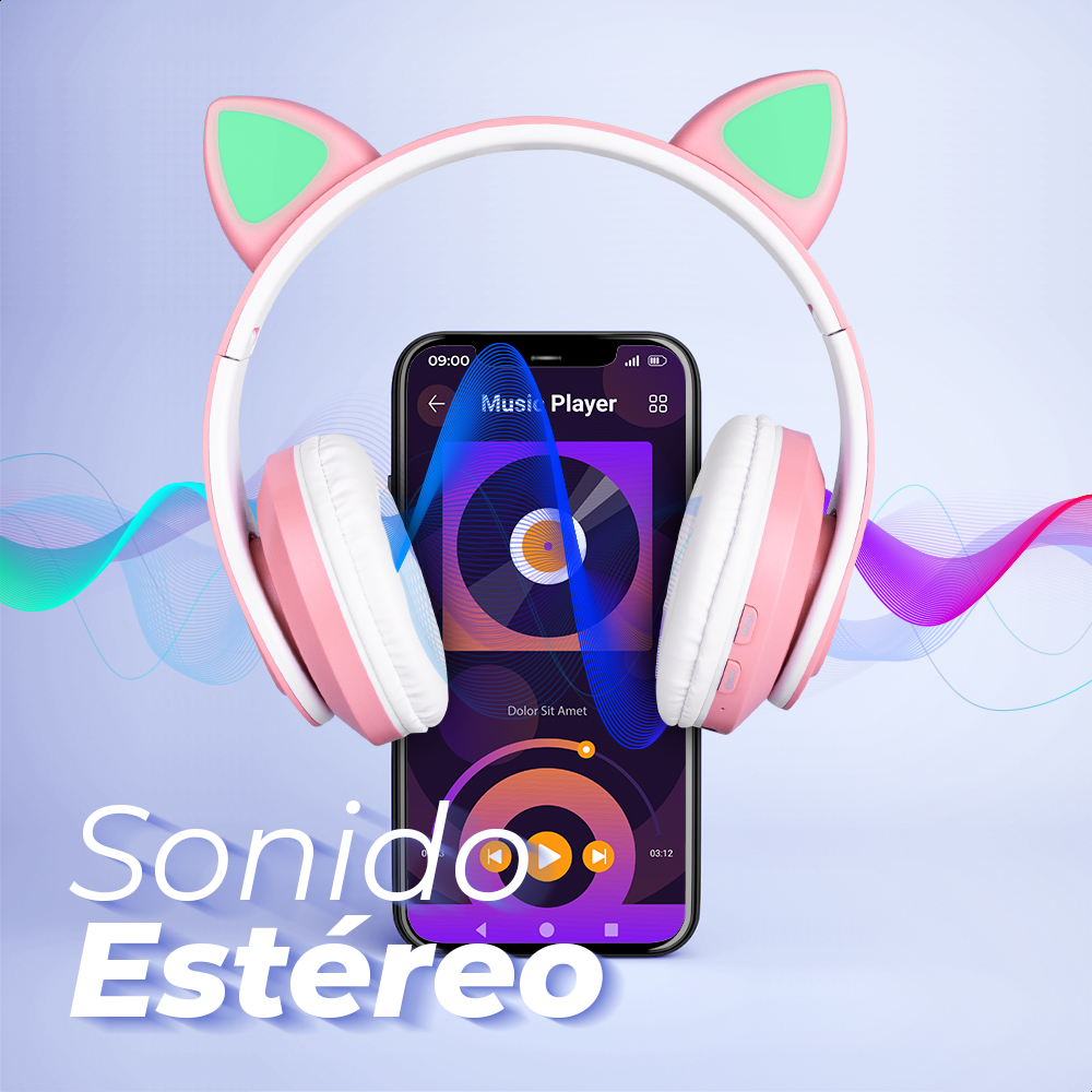 Audífonos Rosas Bluetooth V5.0 Orejas De Gato Sonido Estéreo Con Luz RGB Diseño Kawaii Ajuste De Cabeza Fácil Guardado