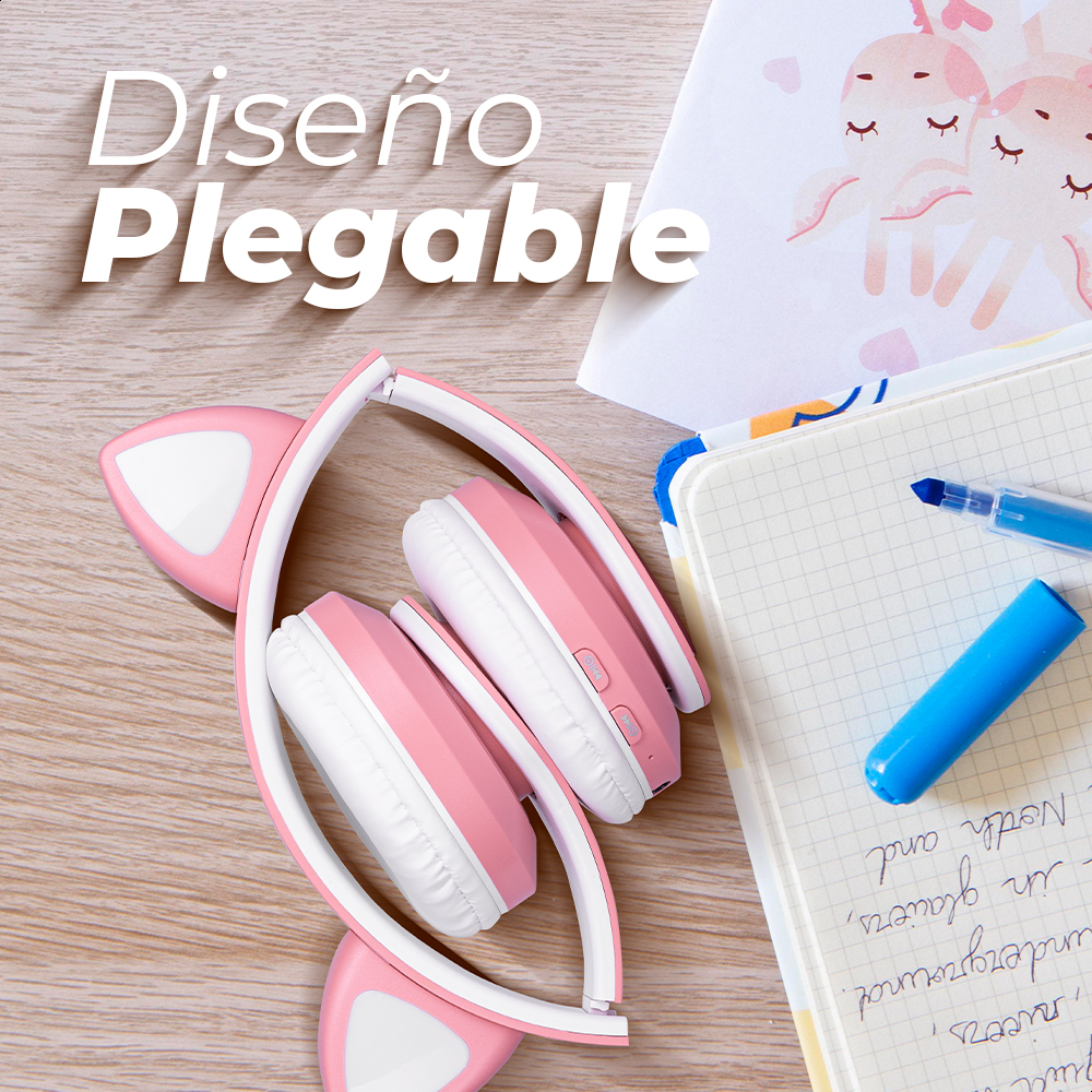 Audífonos Rosas Bluetooth V5.0 Orejas De Gato Sonido Estéreo Con Luz RGB Diseño Kawaii Ajuste De Cabeza Fácil Guardado