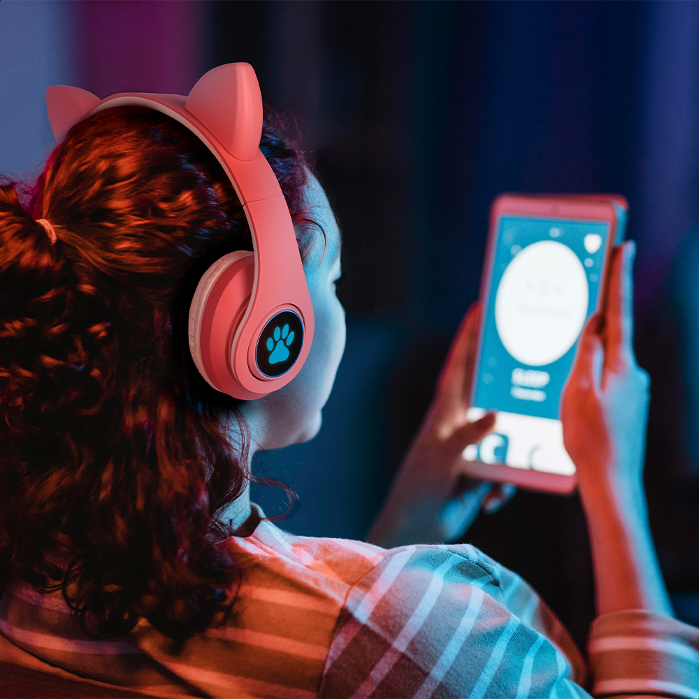Audífonos Rosas Bluetooth V5.0 Orejas De Gato Sonido Estéreo Con Luz RGB Diseño Kawaii Ajuste De Cabeza Fácil Guardado