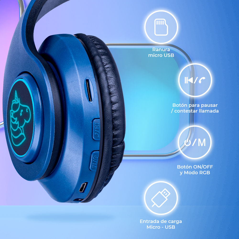 Audífonos Azules Bluetooth V5.0 De Unicornio Sonido Estéreo Con Luz RGB Diseño Kawaii Ajuste De Cabeza Fácil Guardado