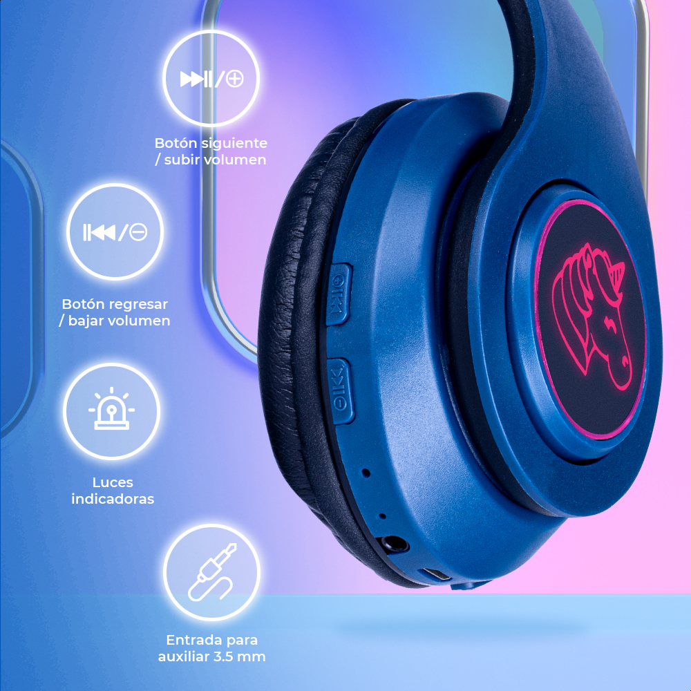 Audífonos Azules Bluetooth V5.0 De Unicornio Sonido Estéreo Con Luz RGB Diseño Kawaii Ajuste De Cabeza Fácil Guardado