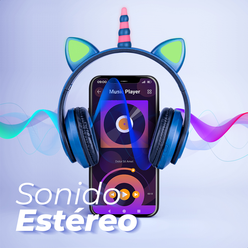 Audífonos Azules Bluetooth V5.0 De Unicornio Sonido Estéreo Con Luz RGB Diseño Kawaii Ajuste De Cabeza Fácil Guardado
