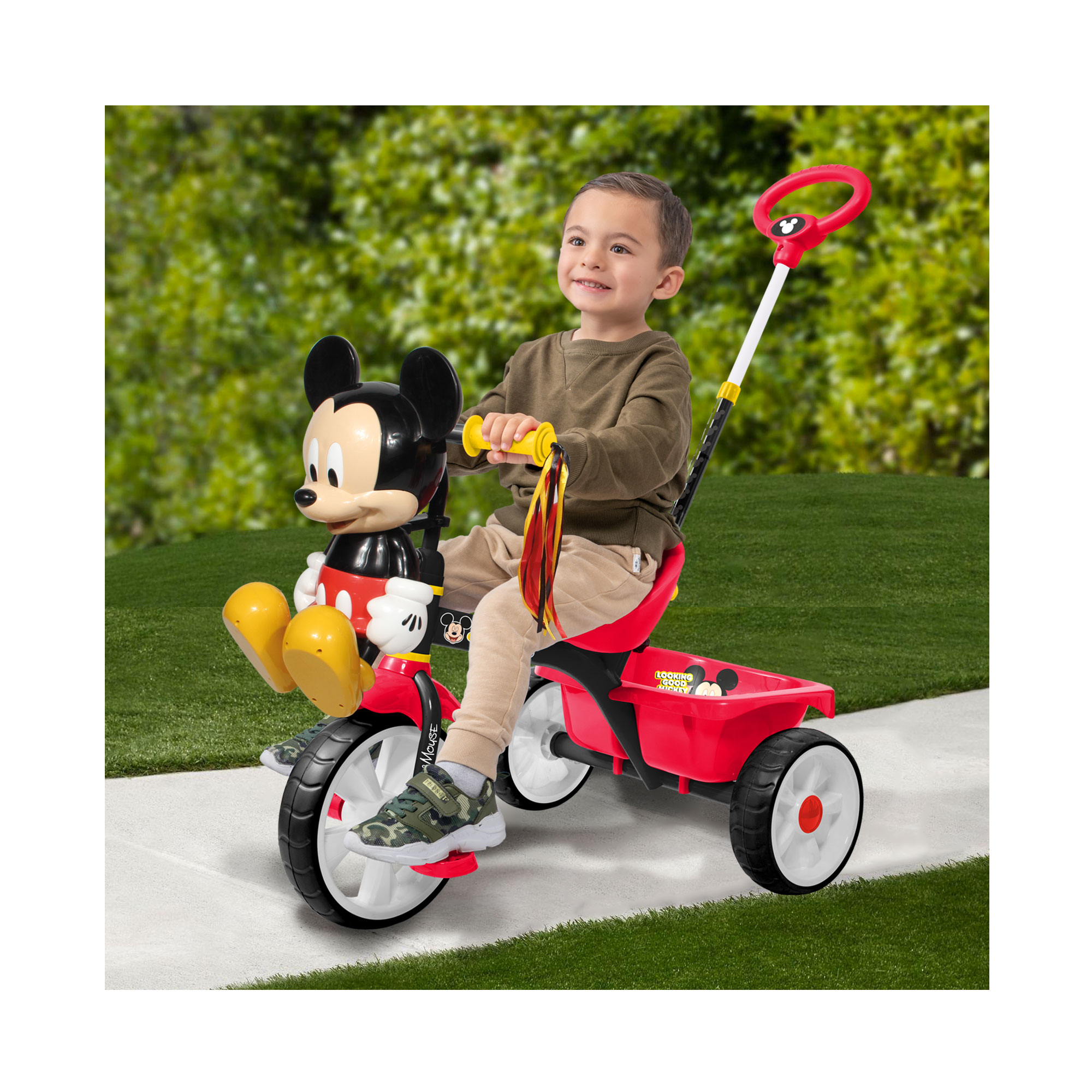 Apache  Triciclo Mickey 3D cajuela grande y barra de empuje