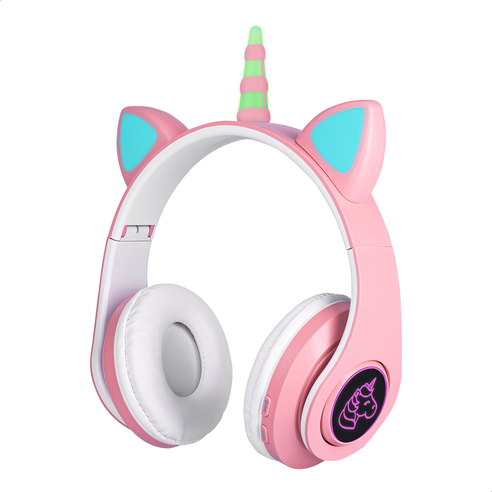 Audífonos Rosas Bluetooth V5.0 De Unicornio Sonido Estéreo Con Luz RGB Diseño Kawaii Ajuste De Cabeza Fácil Guardado