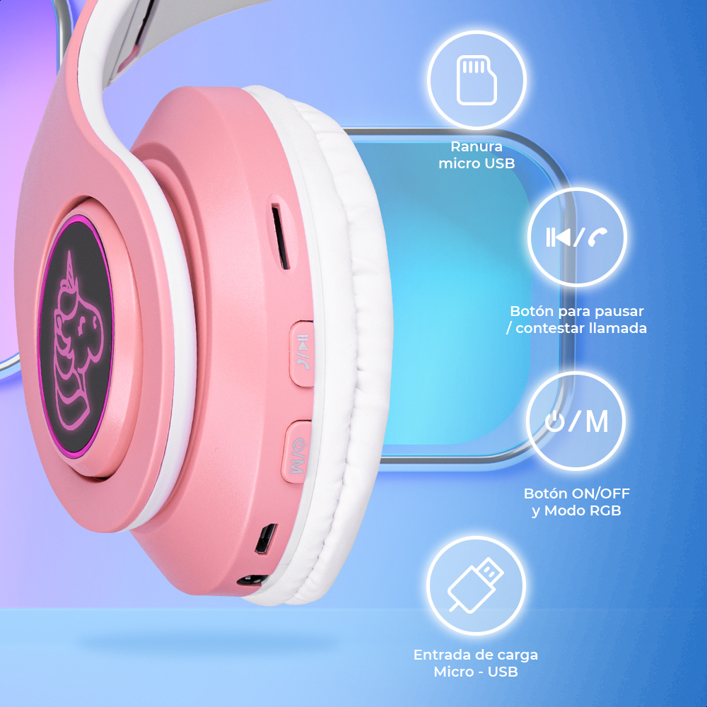 Audífonos Rosas Bluetooth V5.0 De Unicornio Sonido Estéreo Con Luz RGB Diseño Kawaii Ajuste De Cabeza Fácil Guardado