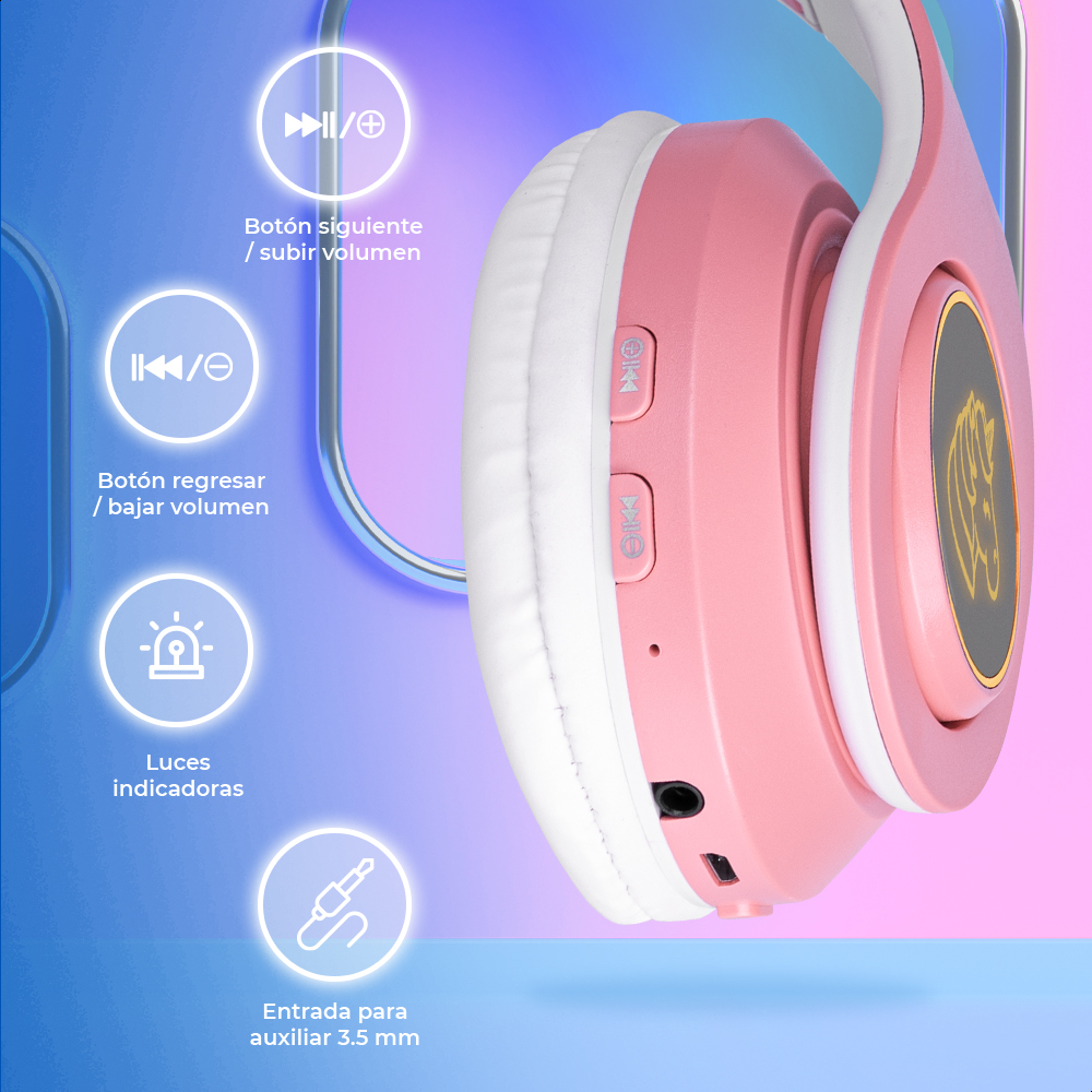 Audífonos Rosas Bluetooth V5.0 De Unicornio Sonido Estéreo Con Luz RGB Diseño Kawaii Ajuste De Cabeza Fácil Guardado