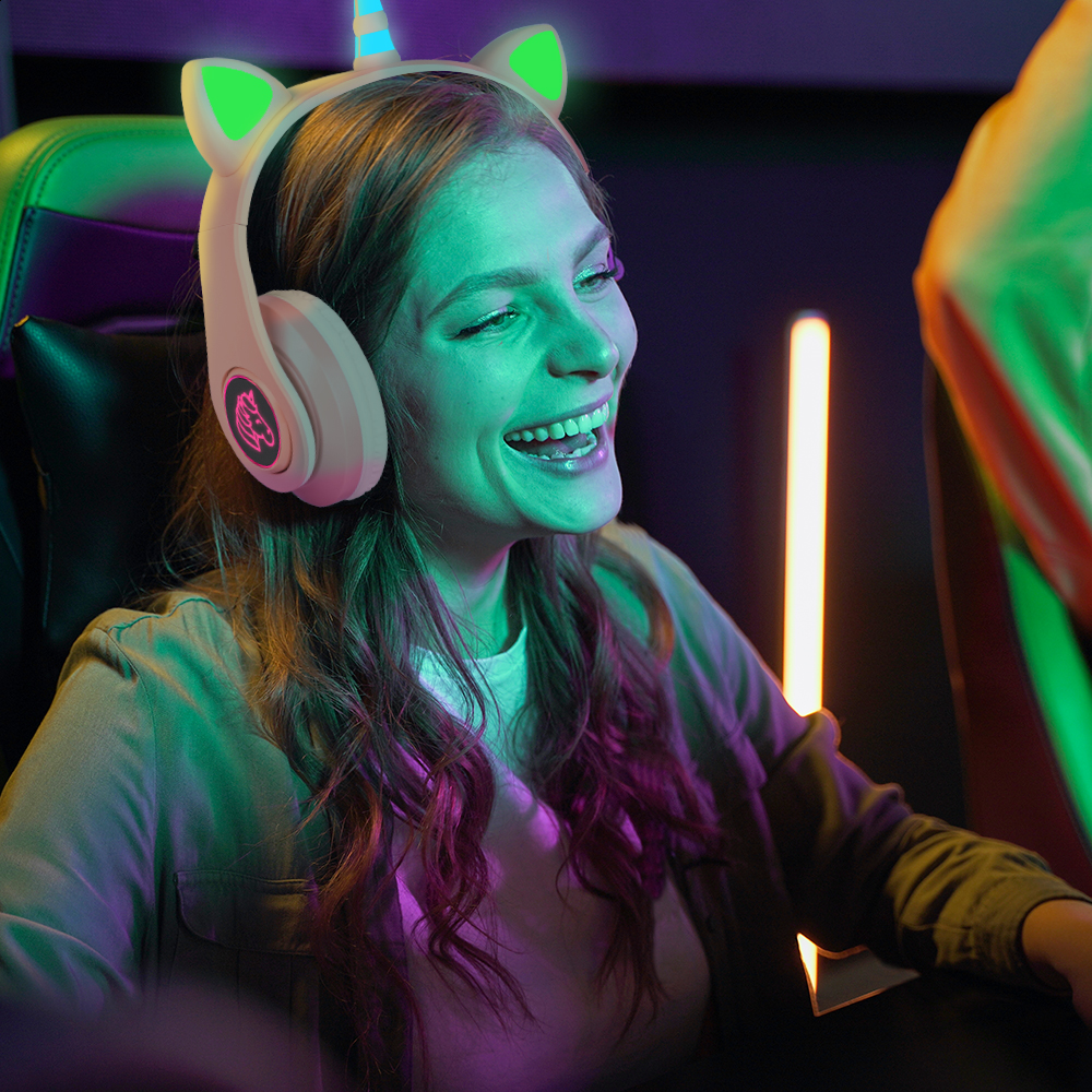 Audífonos Rosas Bluetooth V5.0 De Unicornio Sonido Estéreo Con Luz RGB Diseño Kawaii Ajuste De Cabeza Fácil Guardado