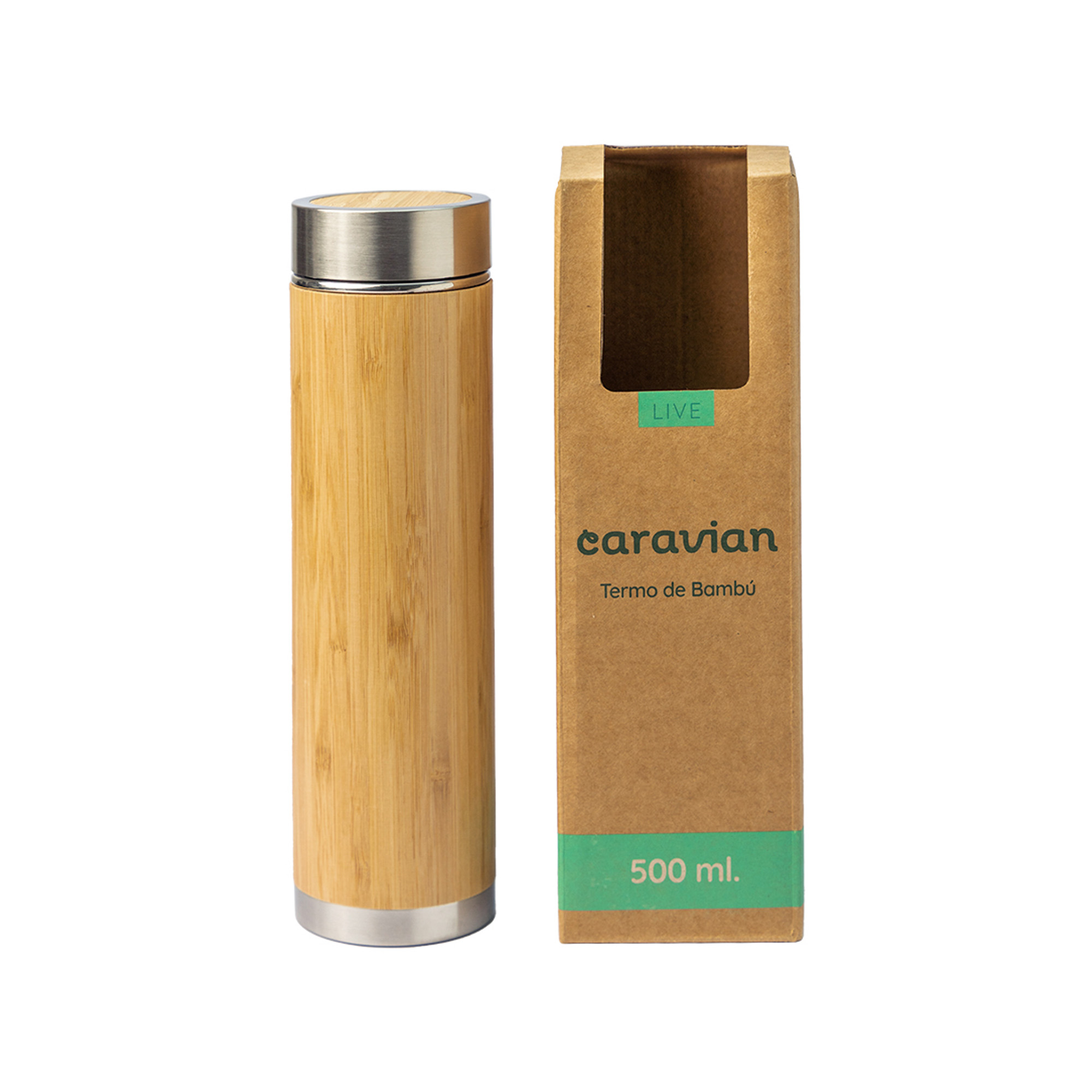 CARAVIAN Termo de Agua, Café y Té de 500 ml con Filtro de Acero Inoxidable para Infusiones, Vaso Térmico Ecológico de Doble Pared Recubierto de Bambú sin BPA  