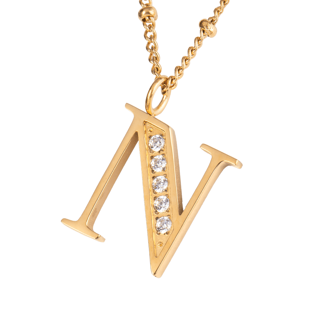LuckyLy Collar Inicial Letra N , Collares de Mujer Acero Inoxidable Baño de Oro 18k y Zirconia Cúbica, Cadena con Dije de Inicial - Modelo Olga