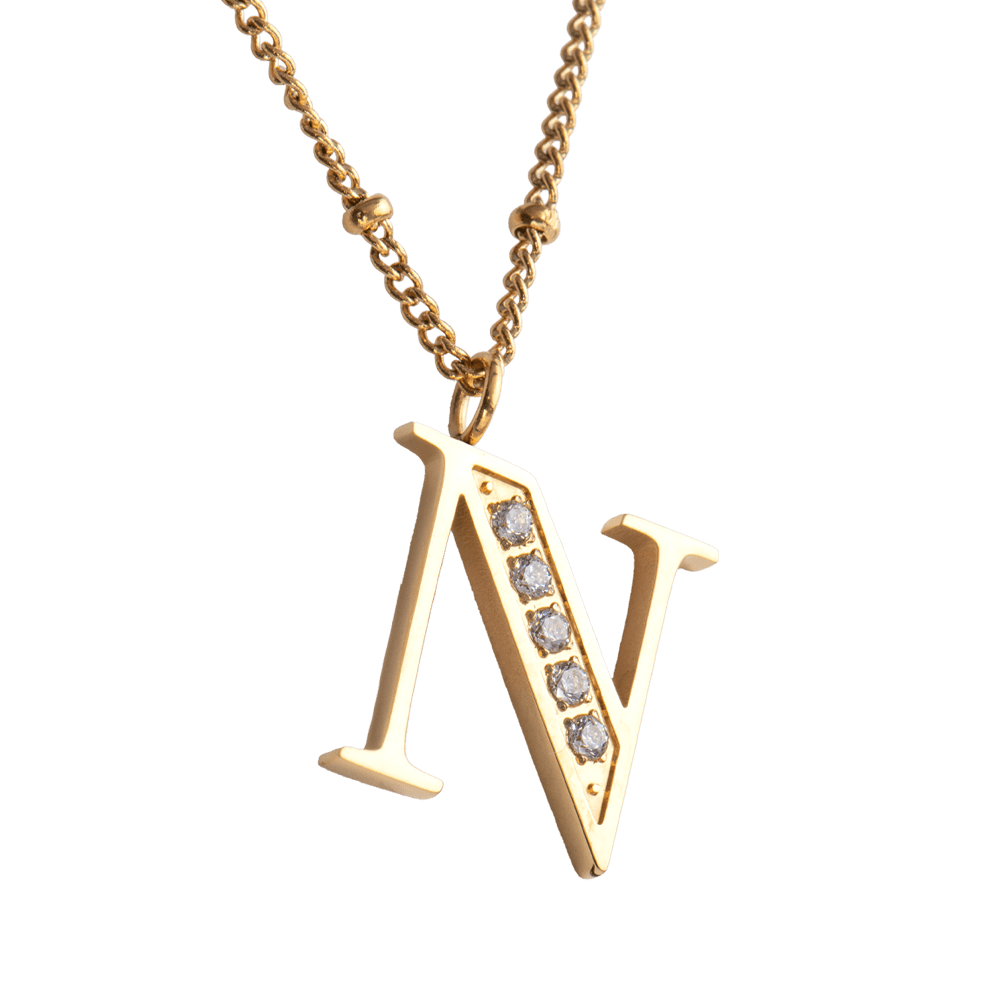 LuckyLy Collar Inicial Letra N , Collares de Mujer Acero Inoxidable Baño de Oro 18k y Zirconia Cúbica, Cadena con Dije de Inicial - Modelo Olga