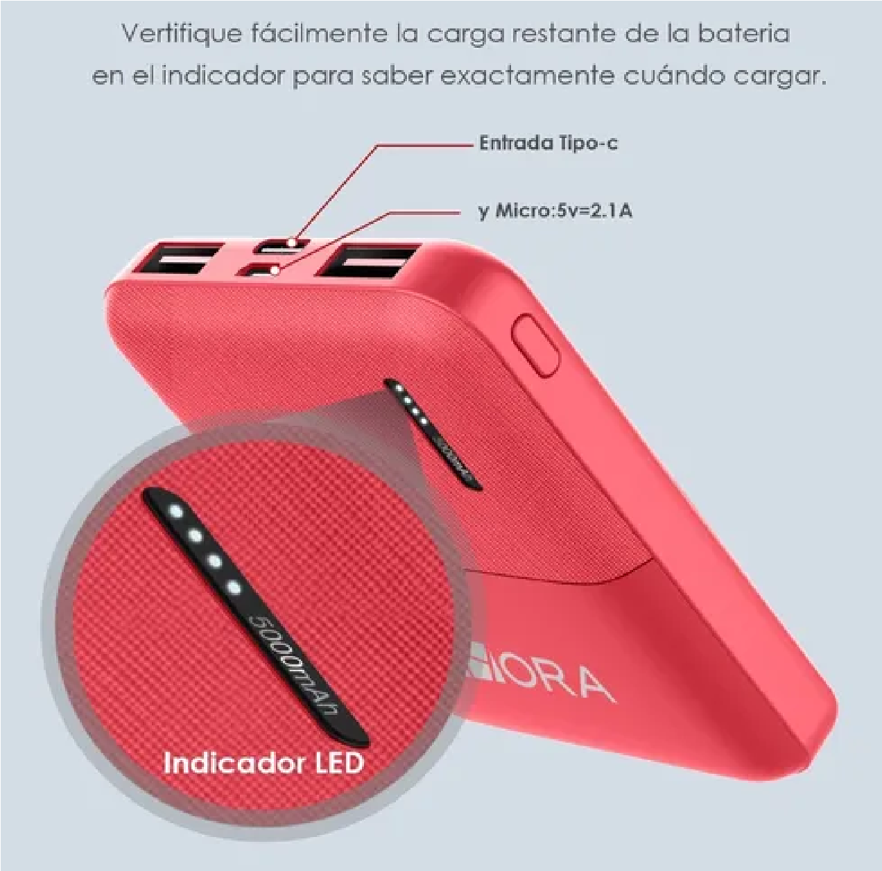 Power Bank Batería Portátil 5000mah 2.1a Ultra Mini 1hora Rojo