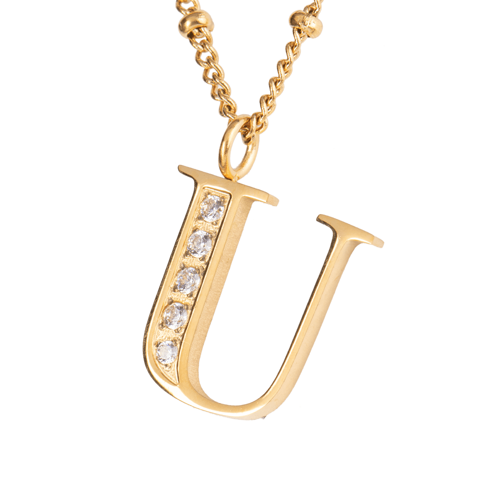 LuckyLy Collar Inicial Letra U , Collares de Mujer Acero Inoxidable Baño de Oro 18k y Zirconia Cúbica, Cadena con Dije de Inicial - Modelo Olga