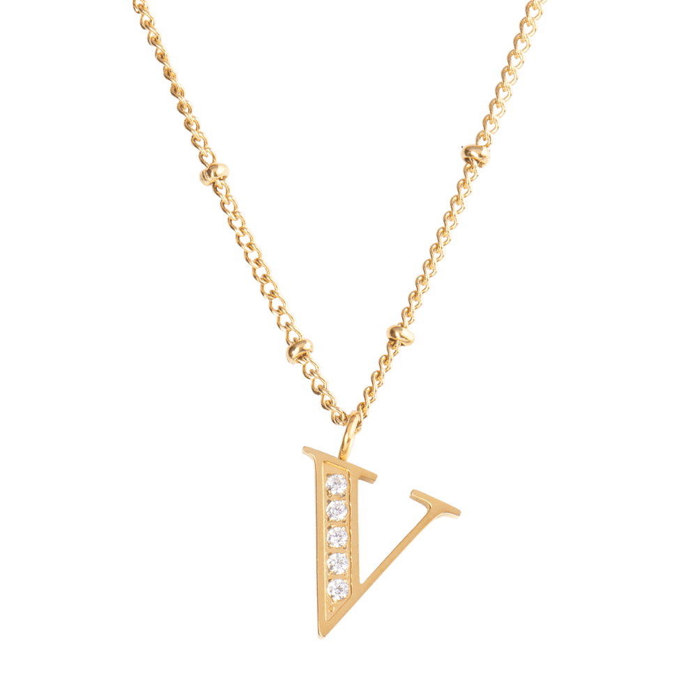LuckyLy Collar Inicial Letra V , Collares de Mujer Acero Inoxidable Baño de Oro 18k y Zirconia Cúbica, Cadena con Dije de Inicial - Modelo Olga