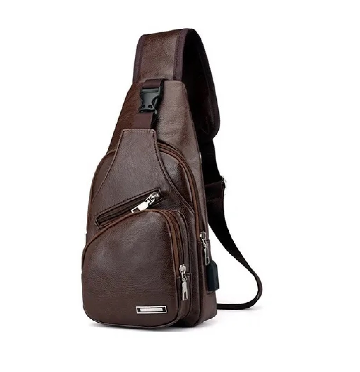 Pechera Mochila Cruzada Con Usb Moda Tipo Piel Marron Obscuro