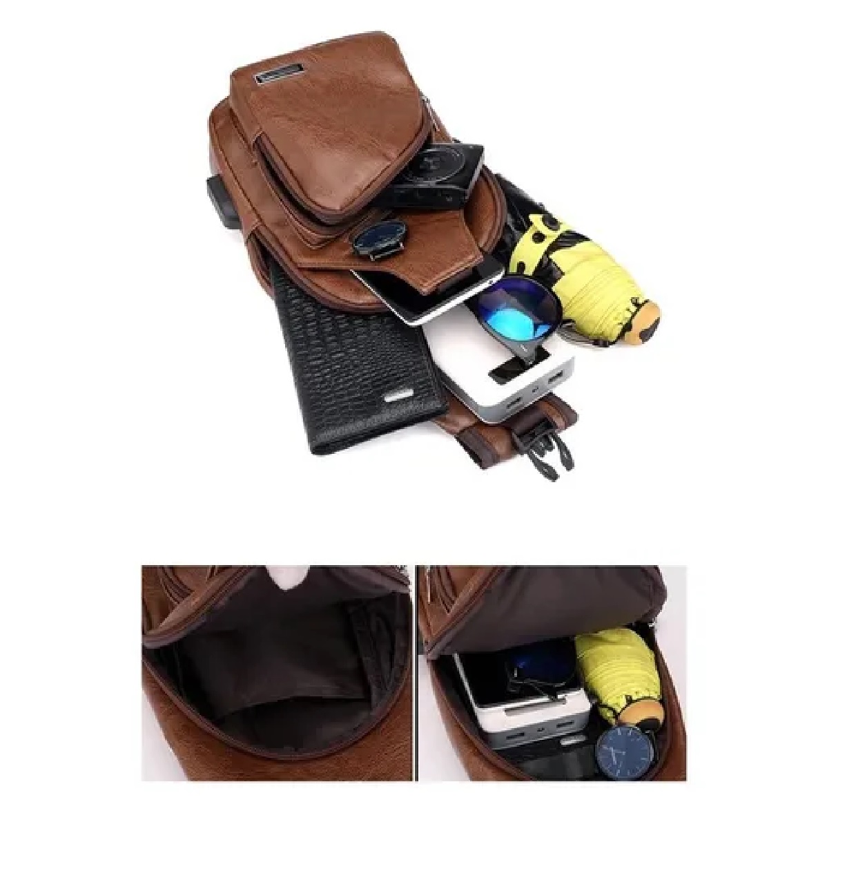 Pechera Mochila Cruzada Con Usb Moda Tipo Piel Marron Obscuro