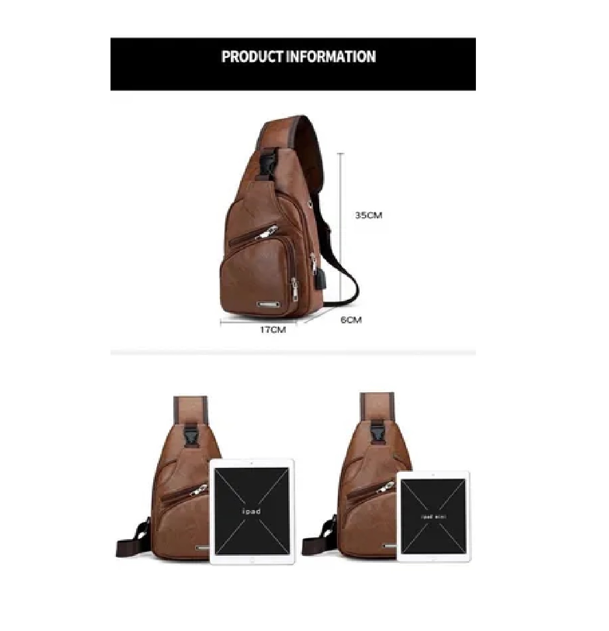 Pechera Mochila Cruzada Con Usb Moda Tipo Piel Marron Obscuro