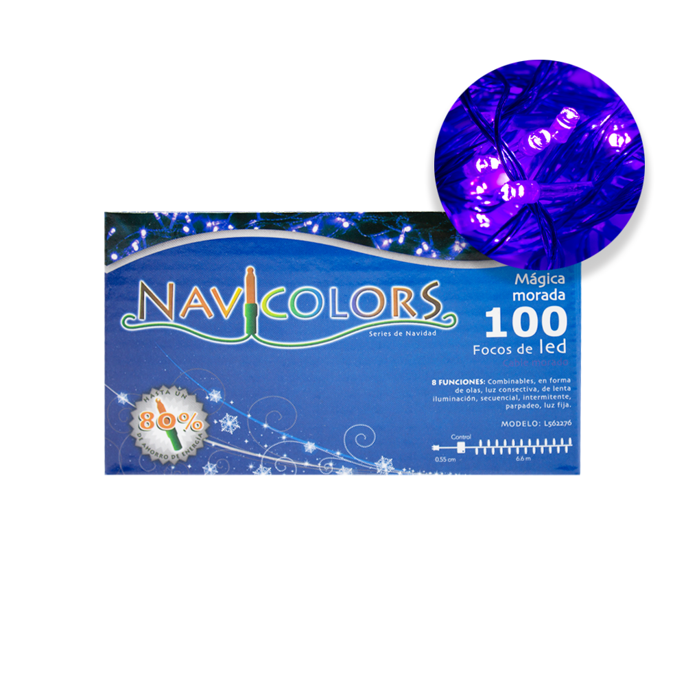 Serie Decorativa Luz Led Morada 100 Focos 8 Funciones Cable Morado 7 m