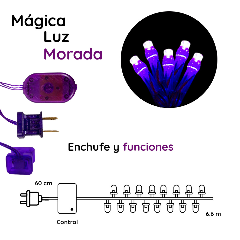 Serie Decorativa Luz Led Morada 100 Focos 8 Funciones Cable Morado 7 m