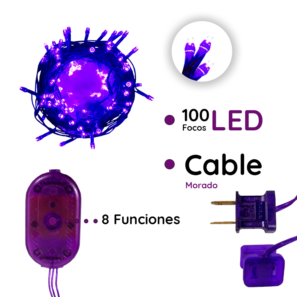 Serie Decorativa Luz Led Morada 100 Focos 8 Funciones Cable Morado 7 m