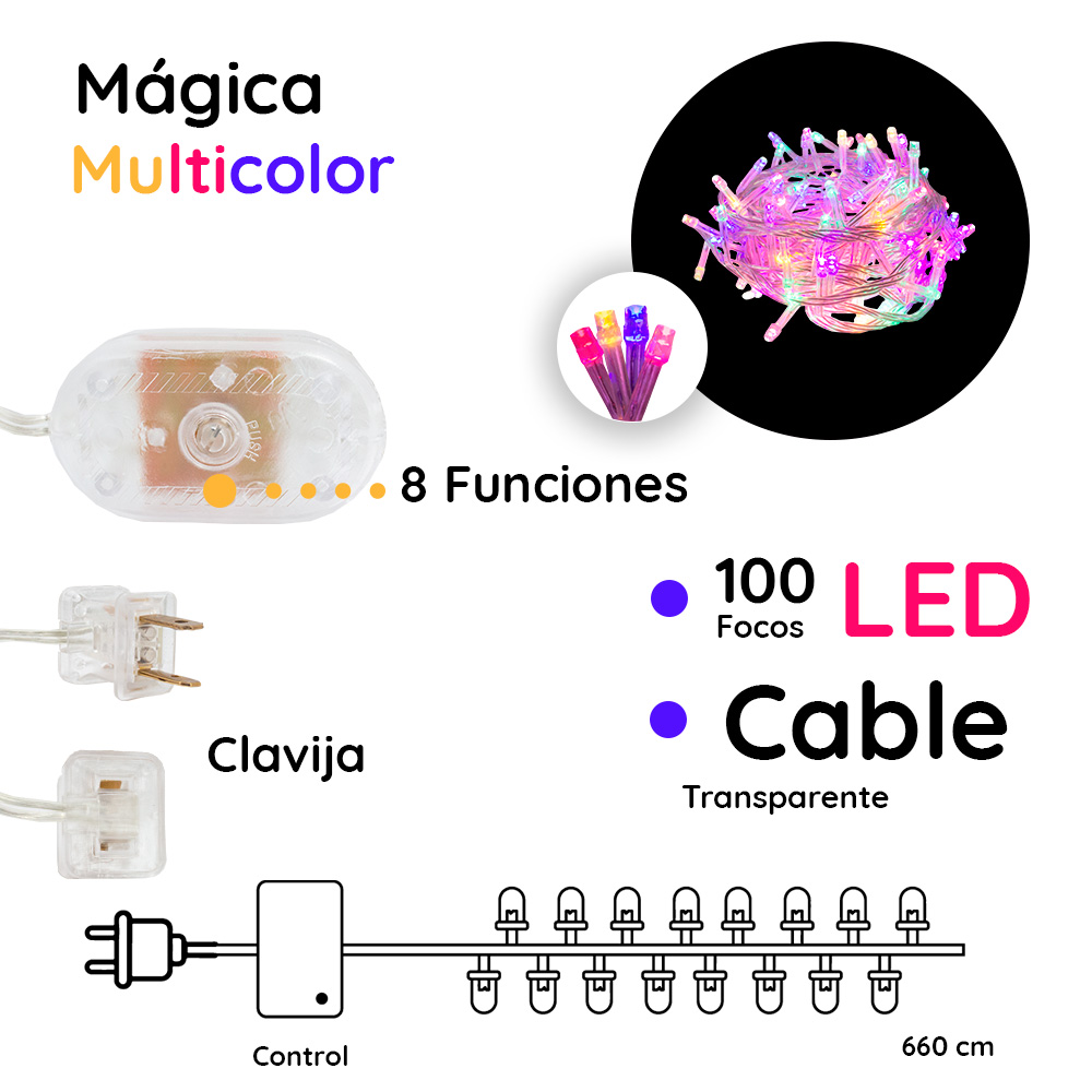 Serie Decorativa Paquete 6 Pz Luz Led Multicolor 100 Focos 8 Funciones Cable Transparente 7 m