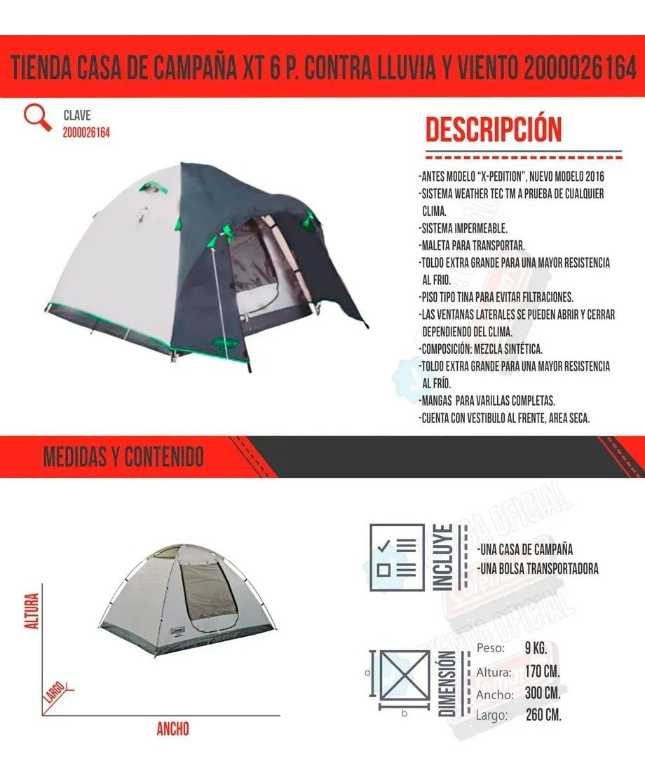 Casa Campaña Xt P/6 Personas Contra Lluvia Y Viento Coleman