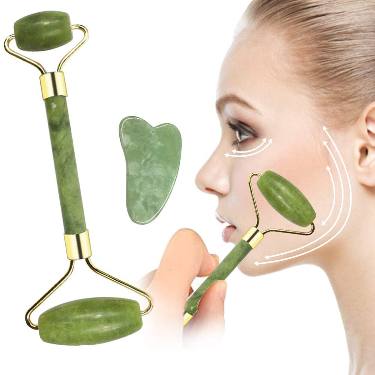 Kit Rodillo Jade Y Piedra Gua Sha De Jade Masajeadora