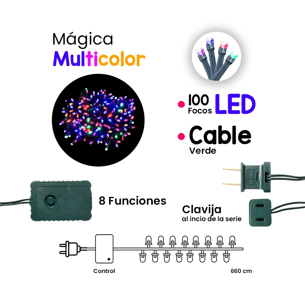 Serie de Luces Navideña 100 Led Luz Multicolor 8 Funciones 7 Metros