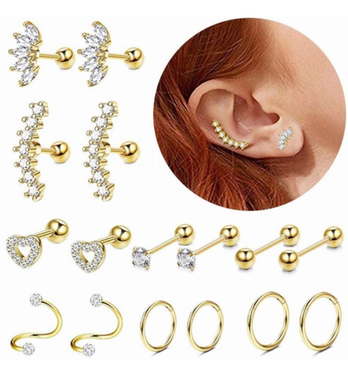 8 Pares de Aretes de Acero Inoxidable Cartílago 
