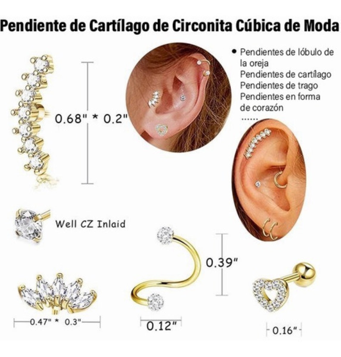 8 Pares de Aretes de Acero Inoxidable Cartílago 