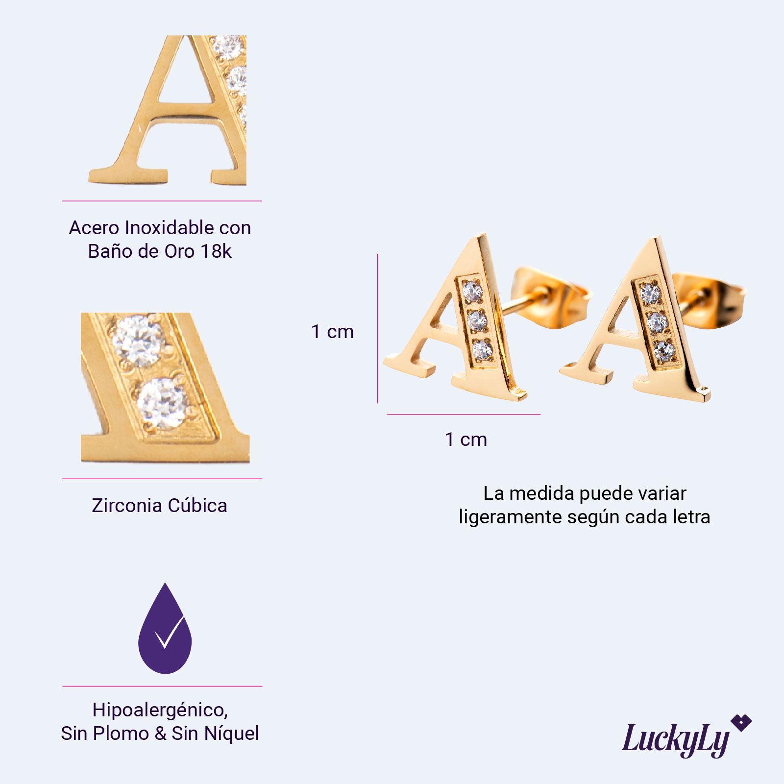 LuckyLy Aretes Mujer Oro 18k de Inicial Letra M con Zirconia Cúbica , Base de Acero Inoxidable - Modelo Tina