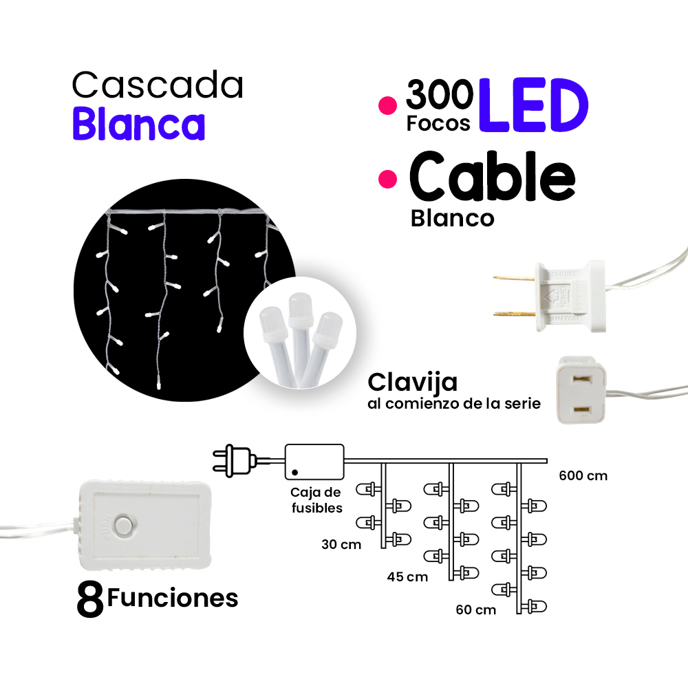 Cascada Luz Led Blanco 300 Focos Tipo Microfóno 8 Funciones Cable Blanco 6 m