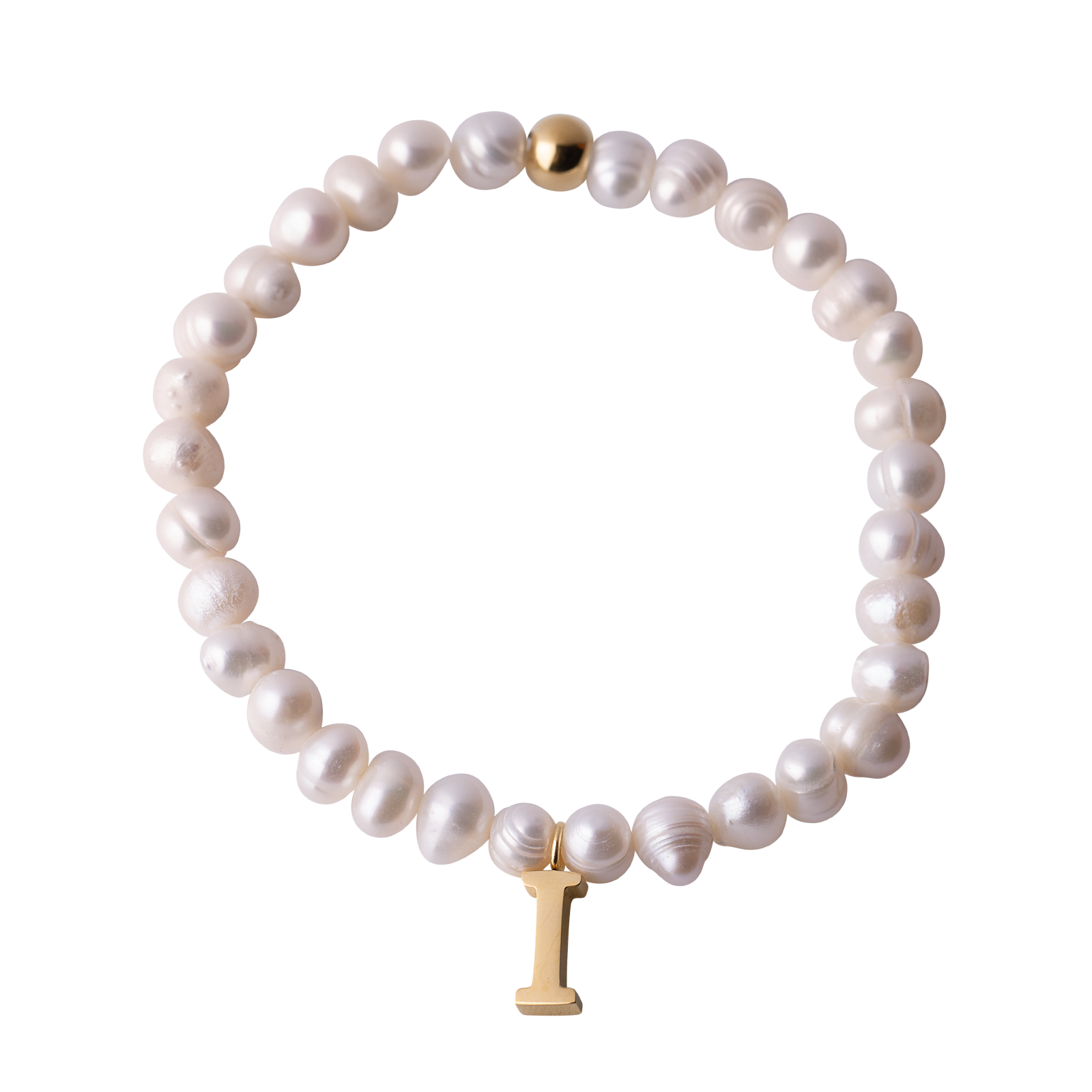 LuckyLy Pulsera Mujer de Perlas con Inicial Letra I , Brazalete con Dije de Acero Inoxidable con Baño de Oro 18k - Modelo Galia