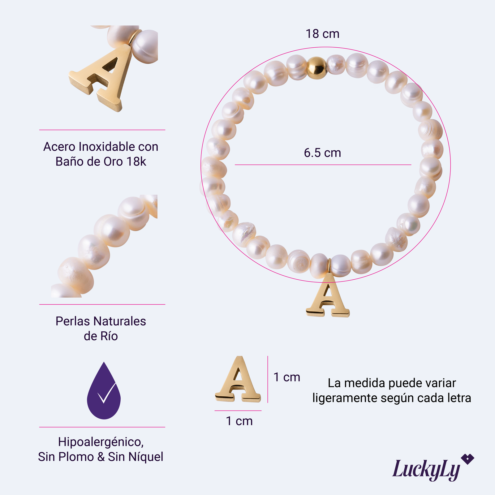 LuckyLy Pulsera Mujer de Perlas con Inicial Letra I , Brazalete con Dije de Acero Inoxidable con Baño de Oro 18k - Modelo Galia