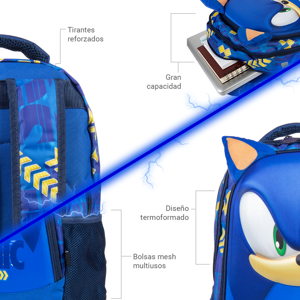 Mochila Escolar Sonic 16 Pulgas Diseño 3d Speed Gold Primaria.
