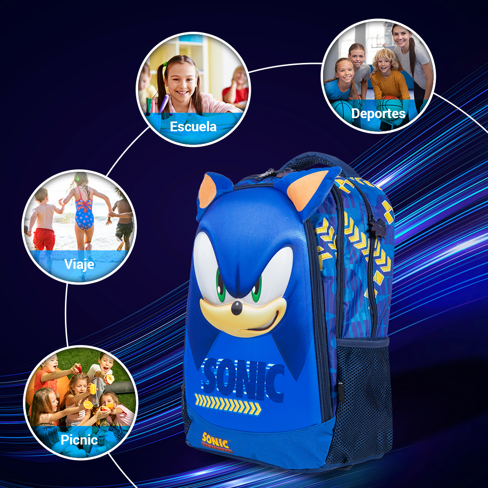 Mochila Escolar Sonic 16 Pulgas Diseño 3d Speed Gold Primaria.
