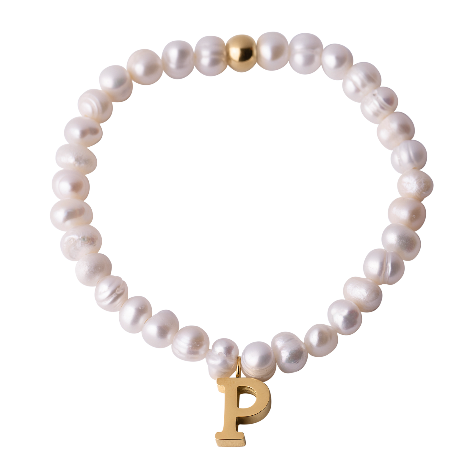 LuckyLy Pulsera Mujer de Perlas con Inicial P Letra, Brazalete con Dije de Acero Inoxidable con Baño de Oro 18k - Modelo Galia