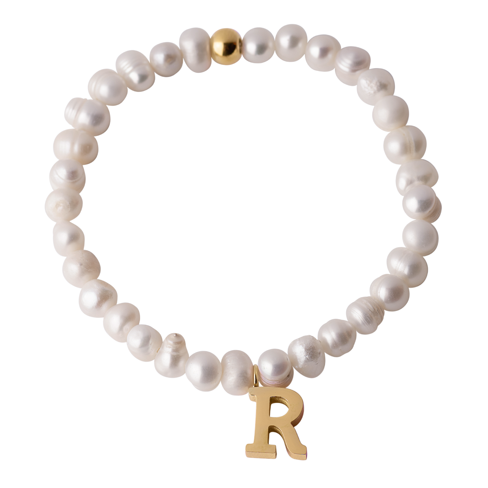 LuckyLy Pulsera Mujer de Perlas con Inicial Letra R , Brazalete con Dije de Acero Inoxidable con Baño de Oro 18k - Modelo Galia