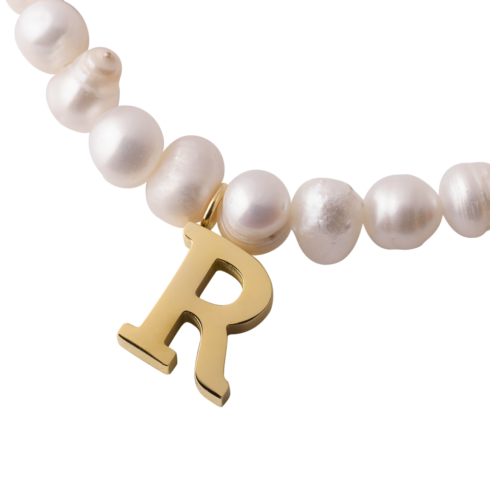 LuckyLy Pulsera Mujer de Perlas con Inicial Letra R , Brazalete con Dije de Acero Inoxidable con Baño de Oro 18k - Modelo Galia