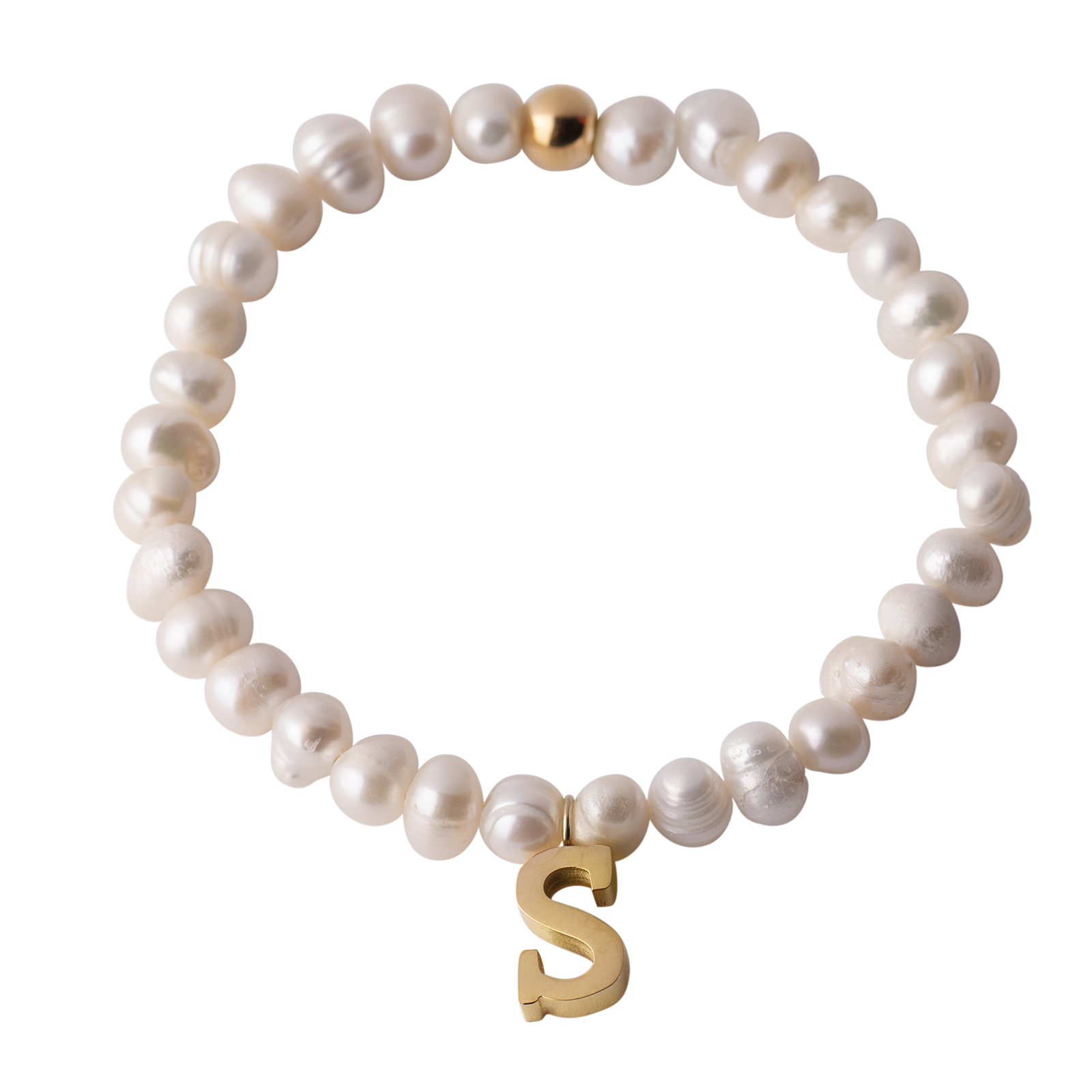 LuckyLy Pulsera Mujer de Perlas con Inicial Letra S , Brazalete con Dije de Acero Inoxidable con Baño de Oro 18k - Modelo Galia