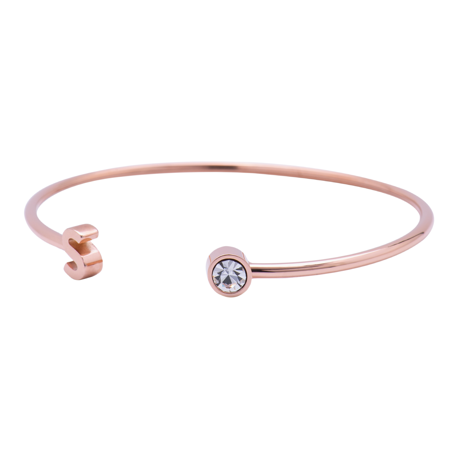 LuckyLy Pulsera para Mujer con Inicial Letra S tipo Brazalete , Acero Inoxidable con Baño de Oro Rosa 18k y Zirconia Cúbica - Modelo Sonia