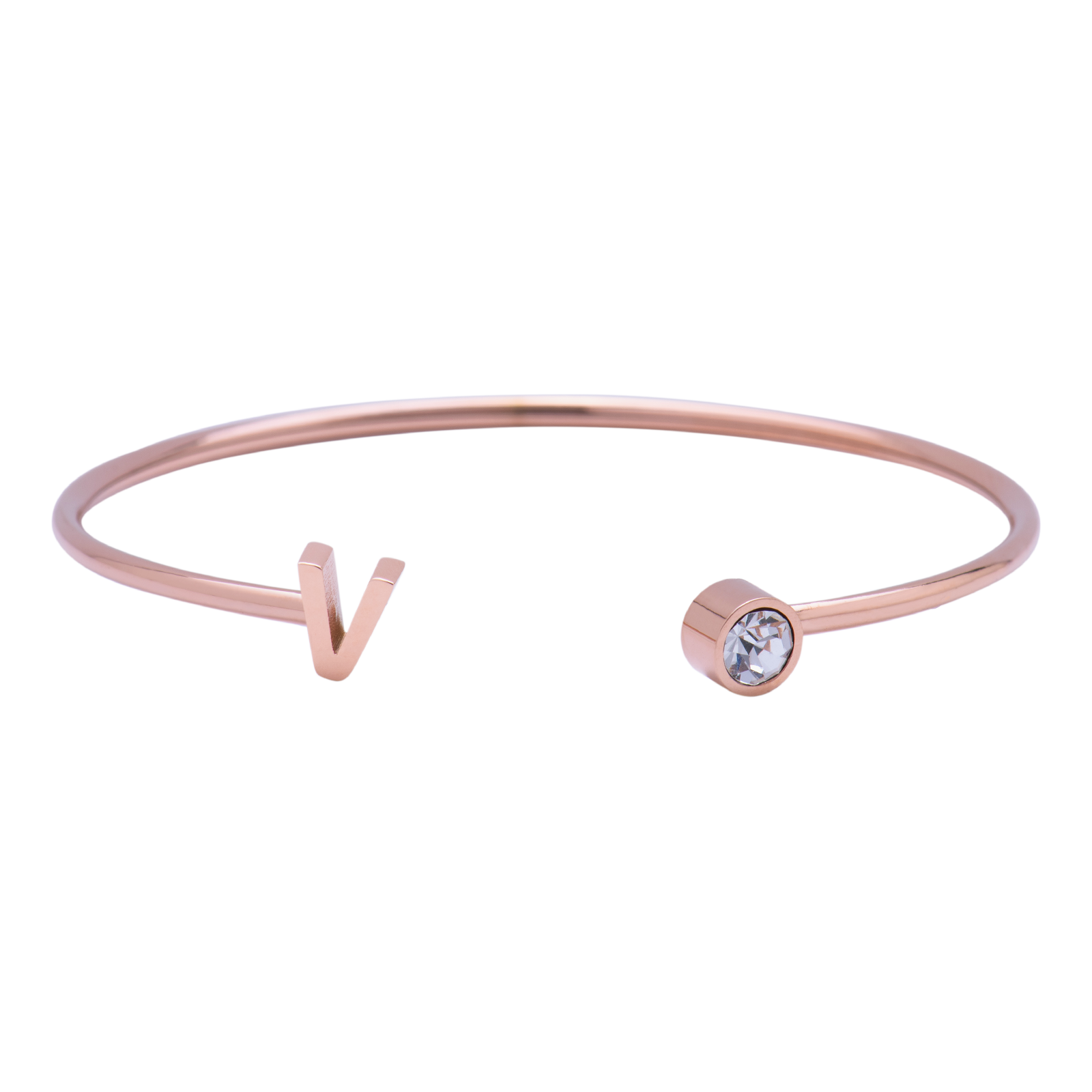 LuckyLy Pulsera para Mujer con Inicial Letra V tipo Brazalete , Acero Inoxidable con Baño de Oro Rosa 18k y Zirconia Cúbica - Modelo Sonia