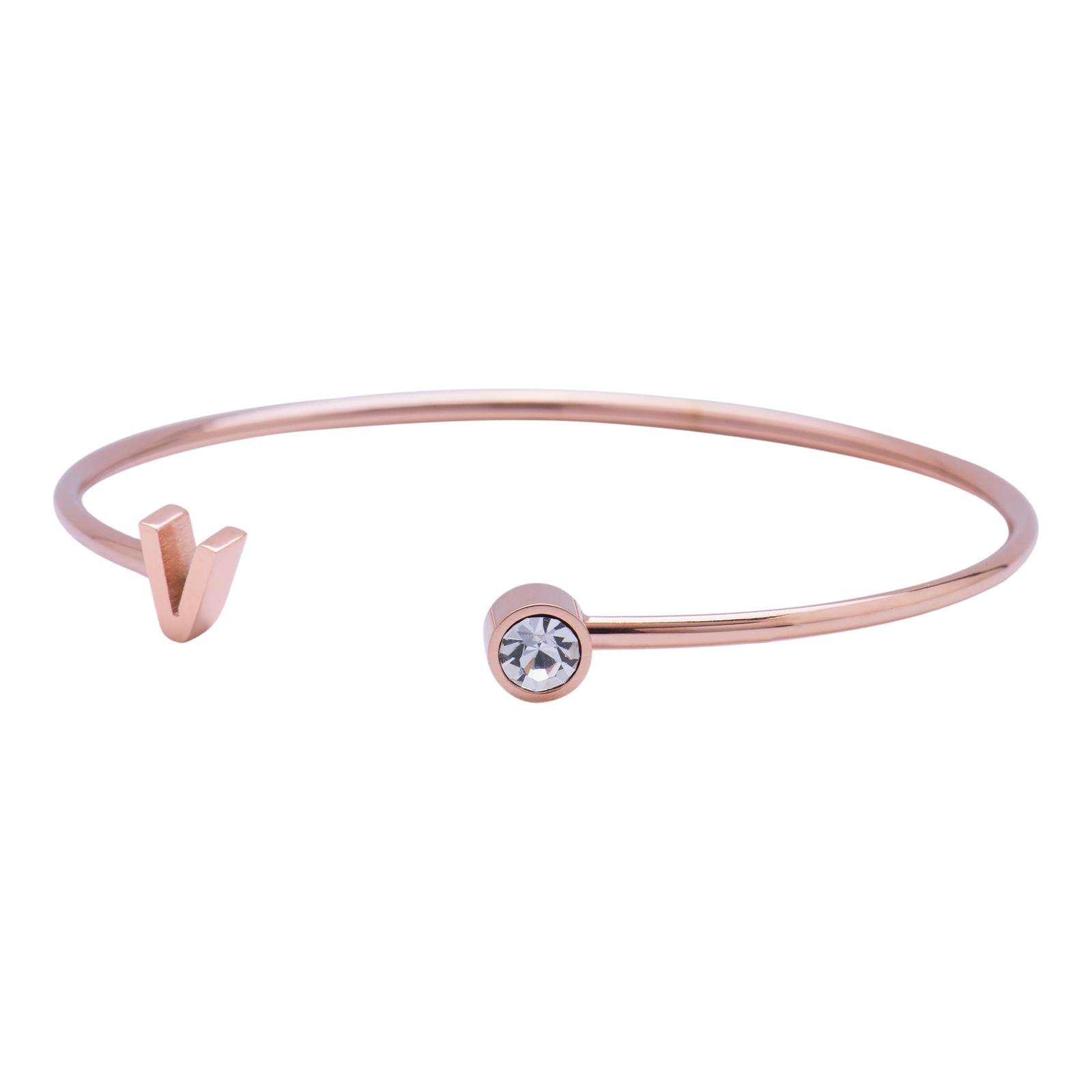 LuckyLy Pulsera para Mujer con Inicial Letra V tipo Brazalete , Acero Inoxidable con Baño de Oro Rosa 18k y Zirconia Cúbica - Modelo Sonia