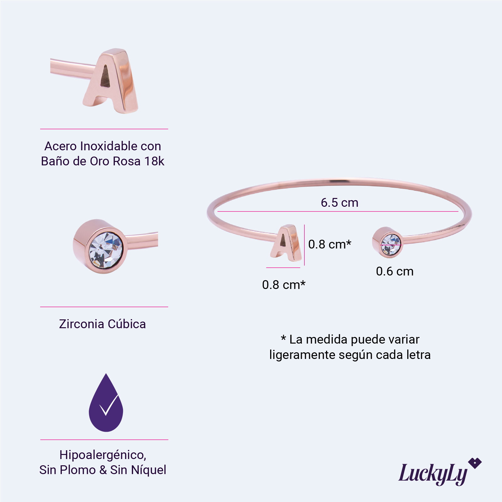LuckyLy Pulsera para Mujer con Inicial Letra V tipo Brazalete , Acero Inoxidable con Baño de Oro Rosa 18k y Zirconia Cúbica - Modelo Sonia