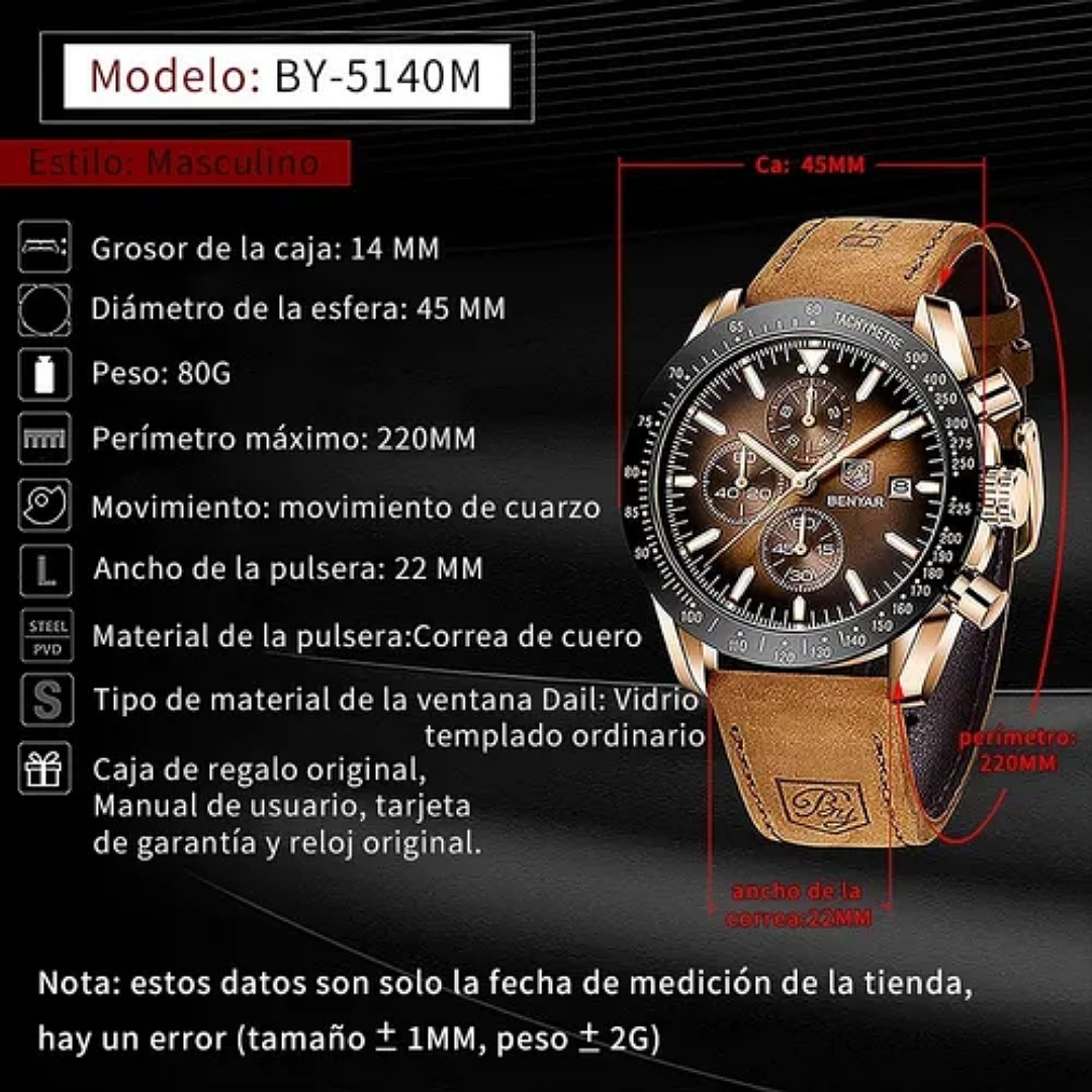Reloj Benyar De Cuero Casual Para Hombre Con Cronógrafo