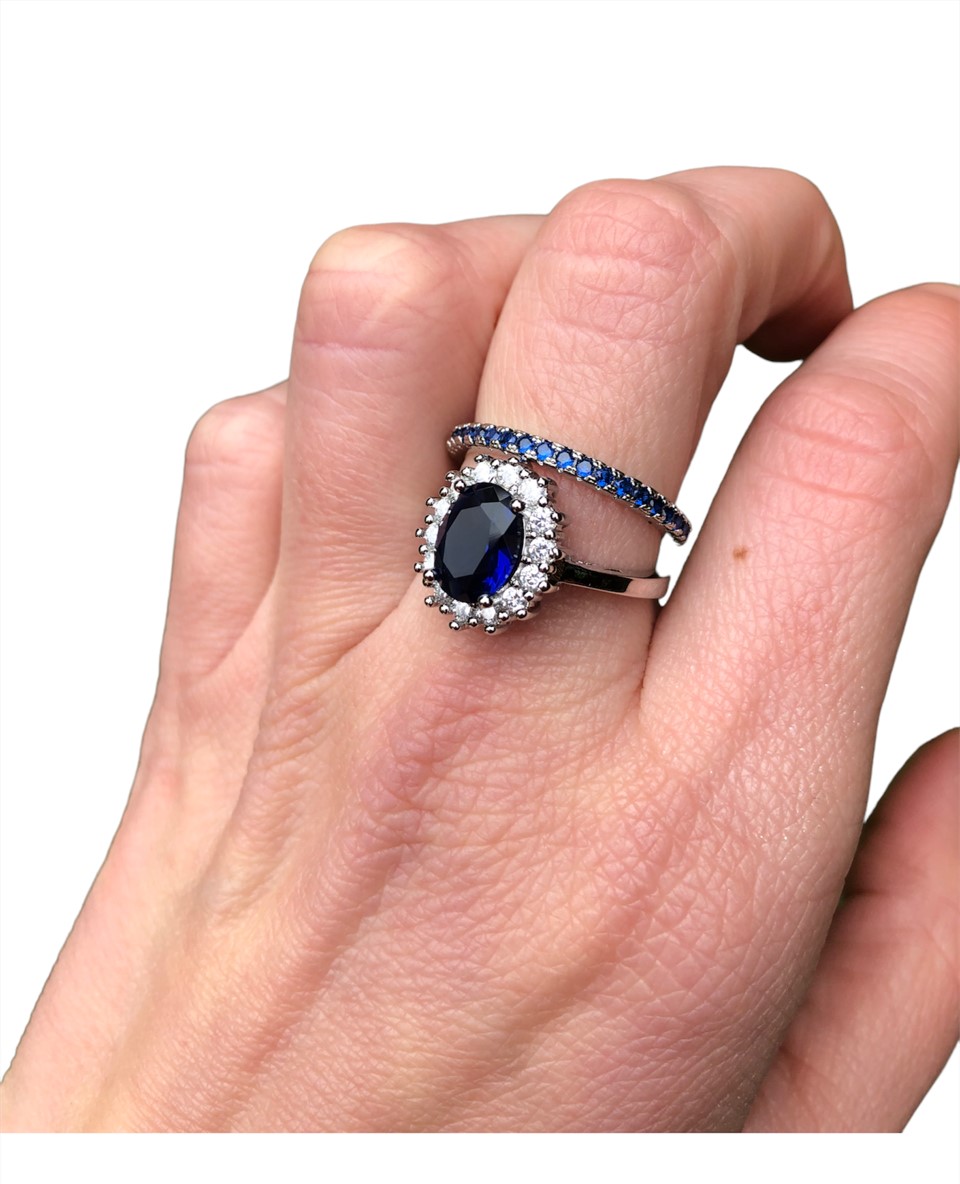 Juego Anillo Compromiso Oval Azul Zafiro Plata 925
