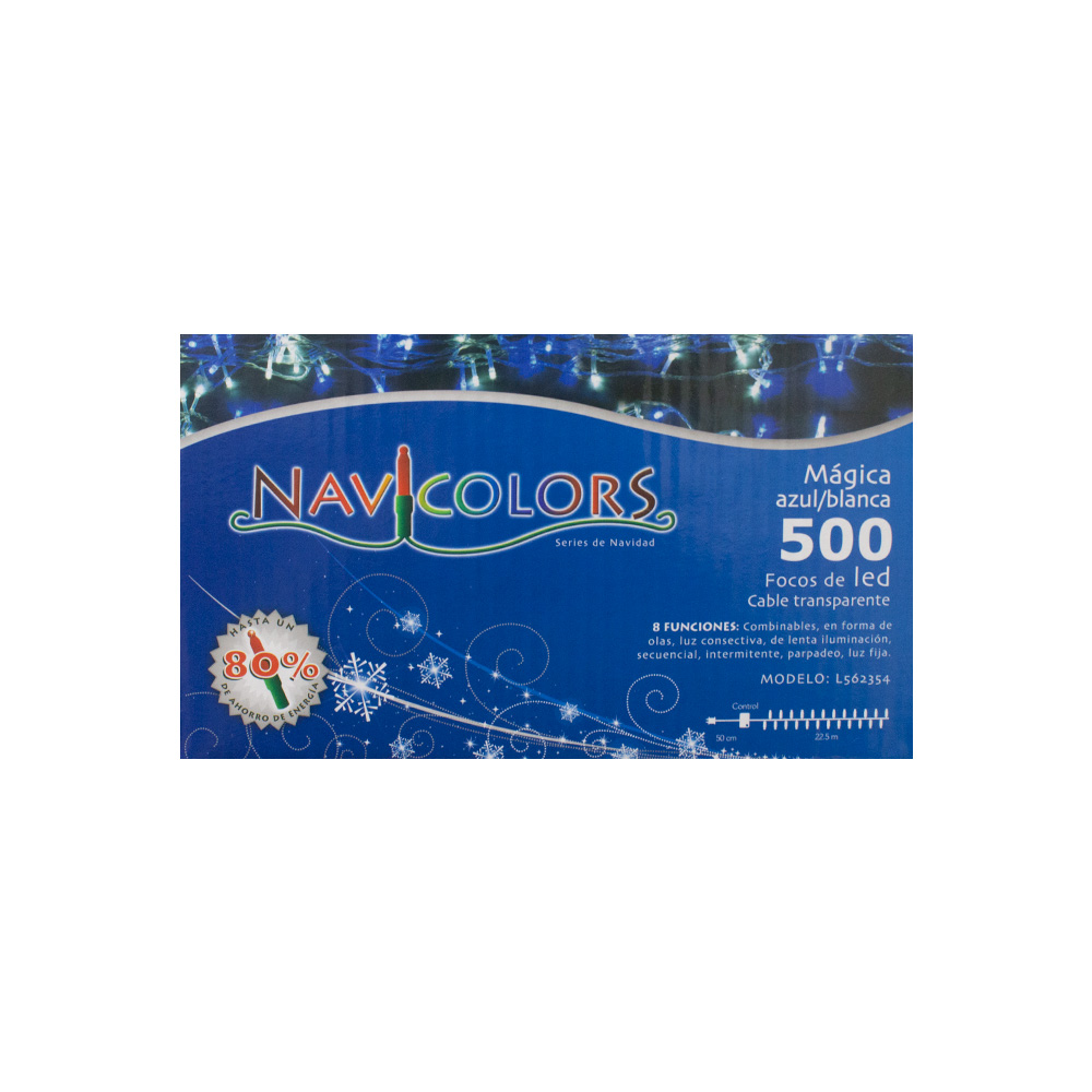 Serie Decorativa Luz Led Azul/Blanca 500 Focos 8 Funciones Cable Transparente 22 m