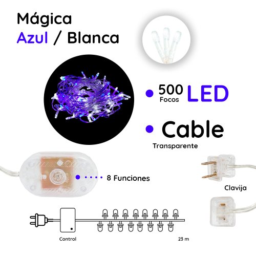 Serie Decorativa Luz Led Azul/Blanca 500 Focos 8 Funciones Cable Transparente 22 m