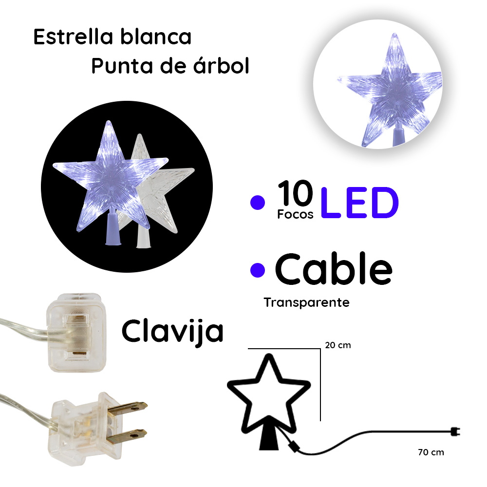 Adorno Punta De Árbol Estrella Luz Led Blanca Plástico Resistente Transparente